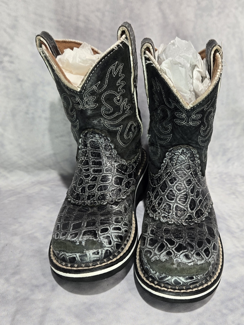Kids Black Croc-Print Western Boots